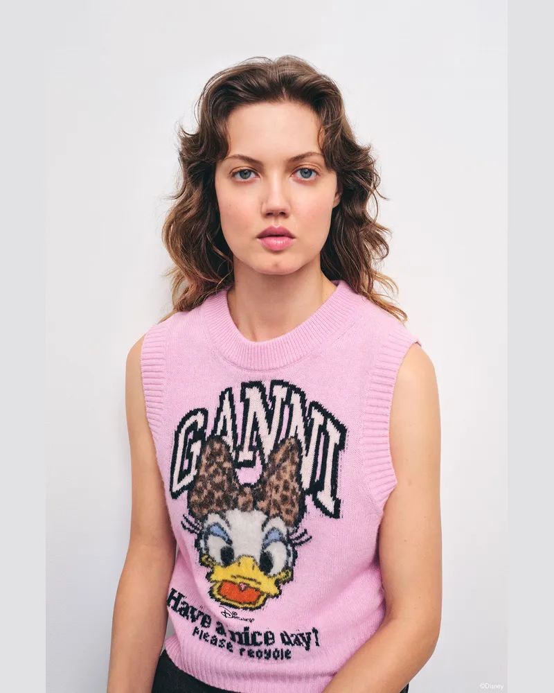 Ganni Chalk rosa Wollweste mit Daisy-Duck-Grafik - Größe Chalk