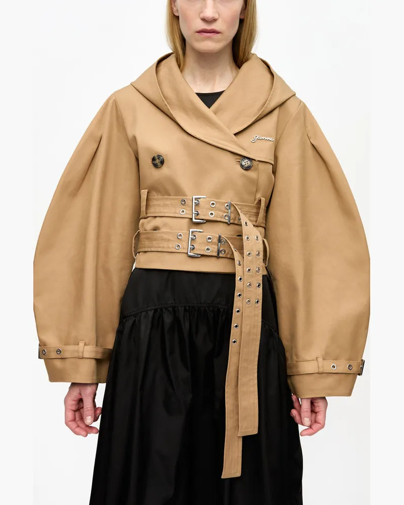 Ganni beige Kurze Jacke aus camel-farbener Bonded-Baumwolle Bio-Baumwolle - Größe Beige