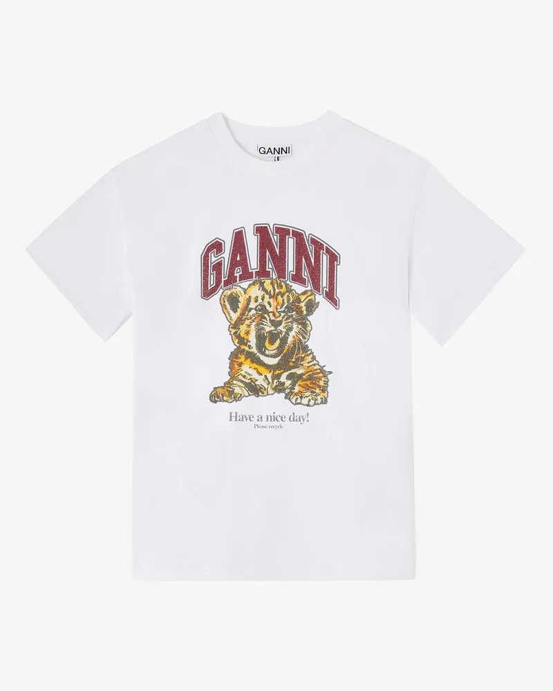 Ganni weiß Weißes Tiger-T-Shirt mit Perlen Bio-Baumwolle - Größe Weiß