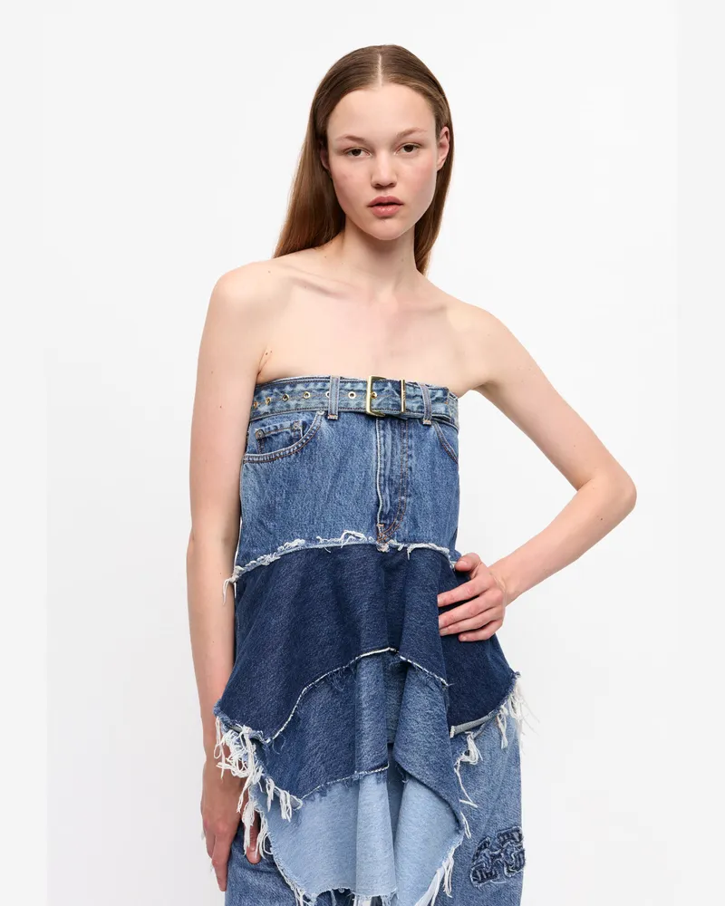 Ganni blau Reworked Denim Flounce Top Baumwolle - Größe Blau