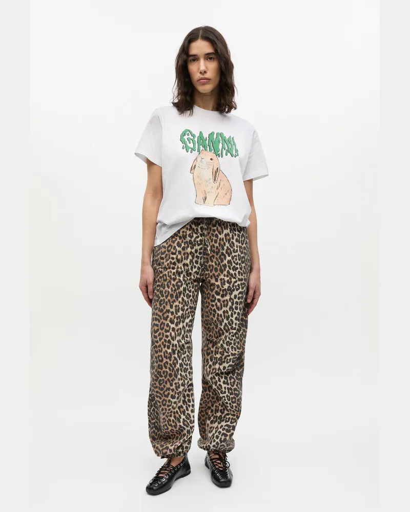 Ganni Almond Milk Leopardenbedruckte Hose aus gewaschener Baumwoll-Canvas mit Tunnelzug Elastan - Größe Almond