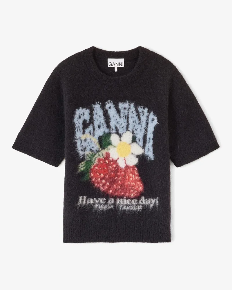 Ganni T-Shirt aus gebürsteter Alpakawolle schwarz Schwarz