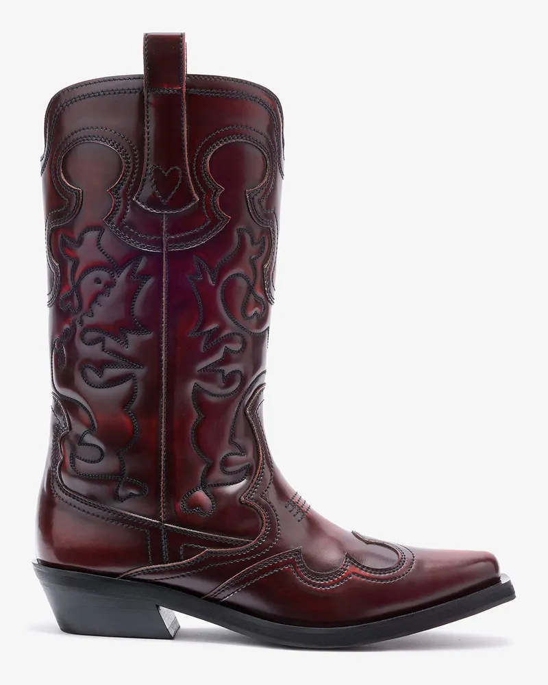 Ganni Westernstiefel mit mittlerer Schaftlänge und Stickerei in Dunkelrot rot Rot