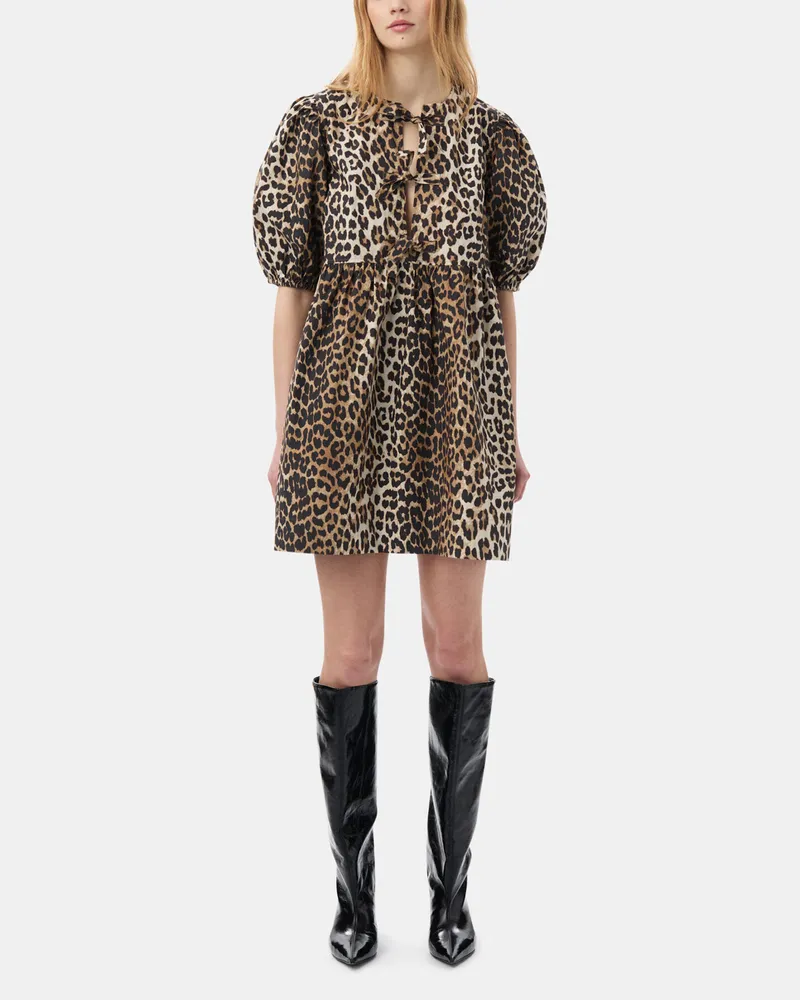 Ganni gemischt Baumwoll-Minikleid mit Leopardenprint und Bindebändern Bio-Baumwolle - Größe Gemischt
