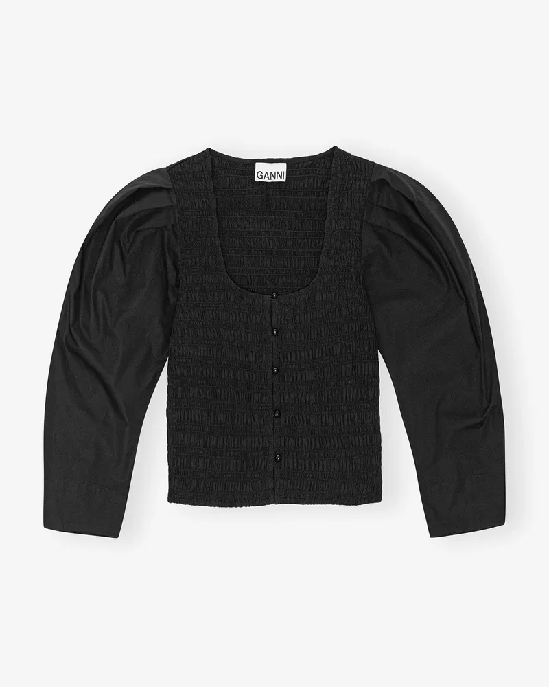 Ganni schwarz Cotton Poplin Smock Bluse Bio-Baumwolle - Größe Schwarz