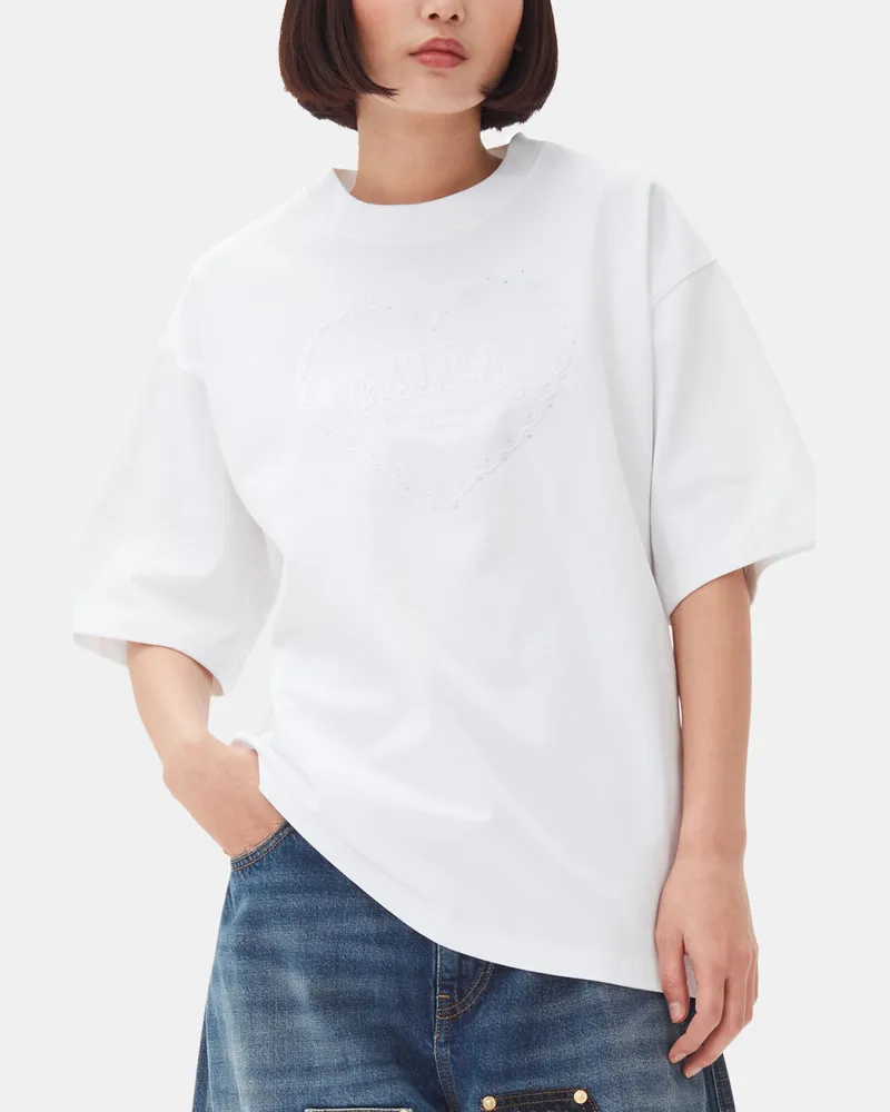 Ganni weiß Heavy Cotton Drop Shoulder Heart T-Shirt Bio-Baumwolle - Größe Weiß