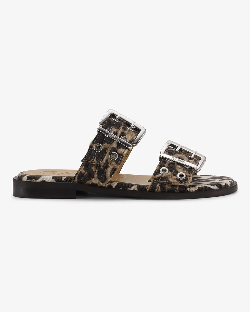 Ganni gemischt Feminine Schnallensandalen mit zwei Riemen aus denimblauem Stoff Leopardenmuster Baumwolle - Größe Gemischt