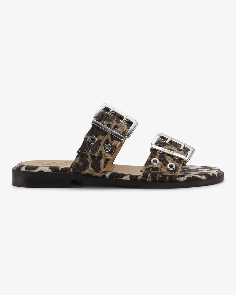 Ganni gemischt Feminine Schnallensandalen mit zwei Riemen aus denimblauem Stoff Leopardenmuster Bio-Baumwolle - Größe Gemischt