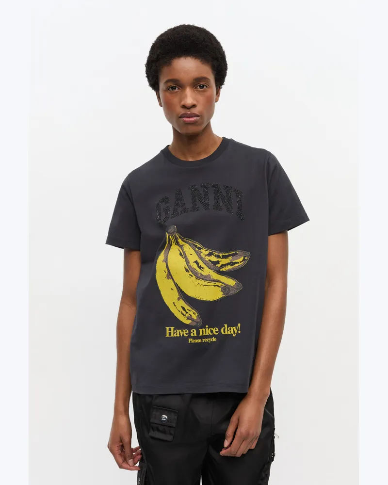 Ganni gemischt Schwarzes T-Shirt mit Banana-Grafik Baumwolle - Größe Gemischt