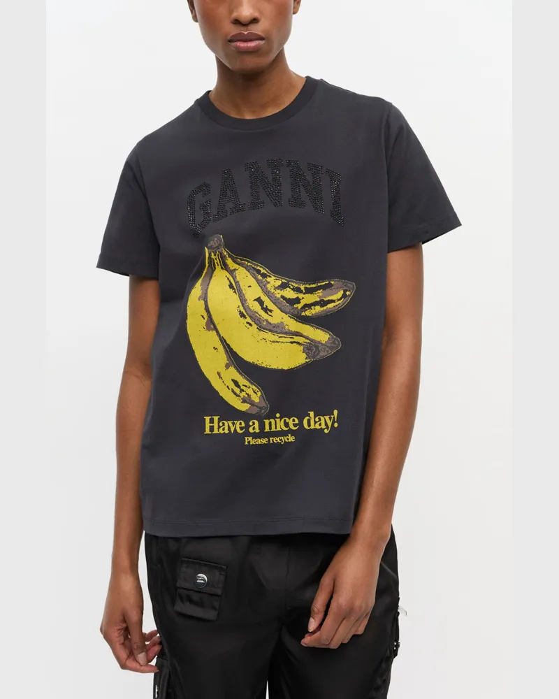 Ganni gemischt Schwarzes T-Shirt mit Banana-Grafik Bio-Baumwolle - Größe Gemischt