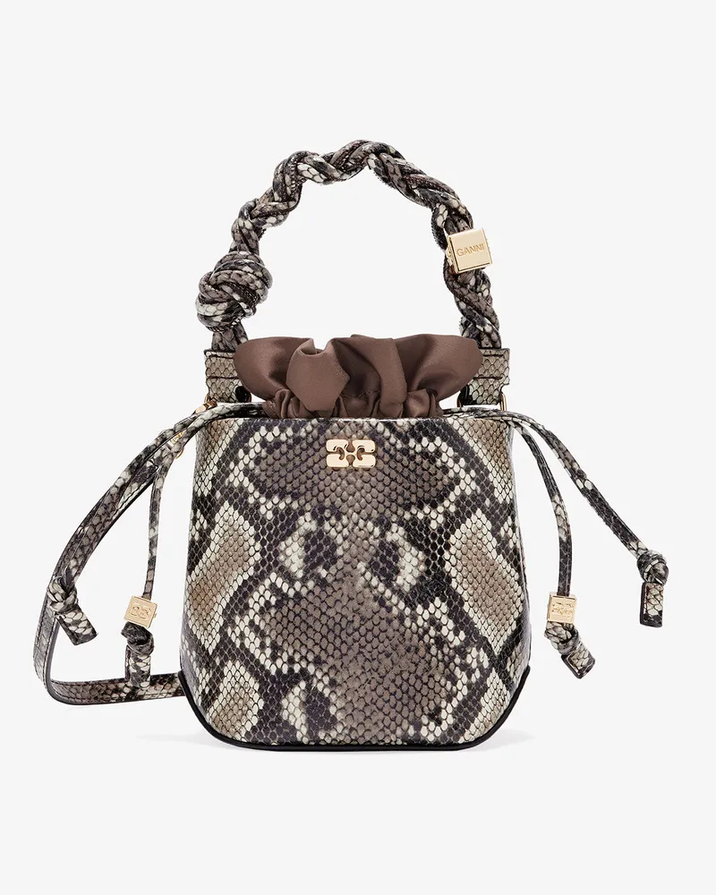 Ganni Mini Bou Bucket Tasche in Schlangenoptik weiß Weiß