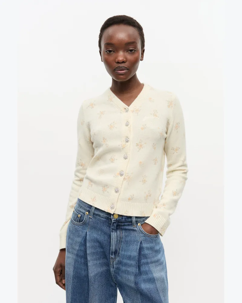 Ganni Cremefarbener Wollmix-Cardigan mit Print weiß Weiß