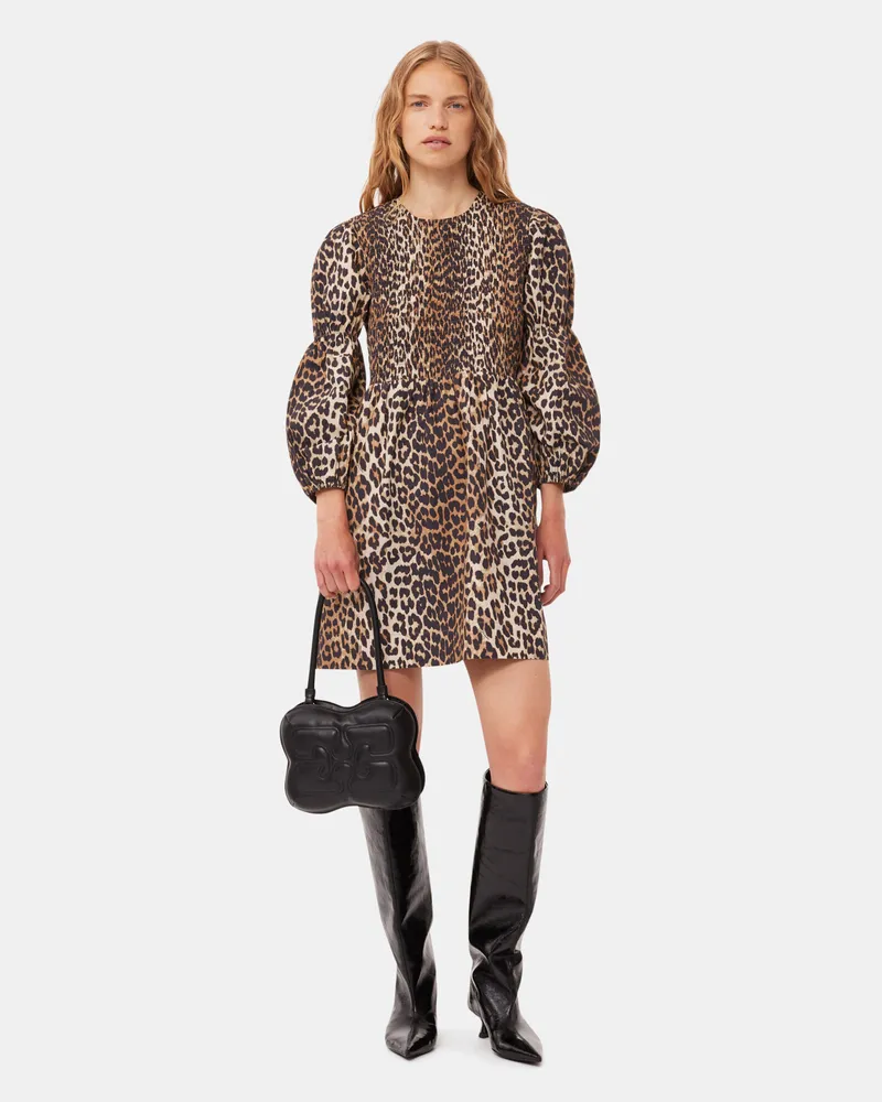 Ganni gemischt Gesmoktes Minikleid aus Cotton Poplin mit Leo-Print Baumwolle - Größe Gemischt