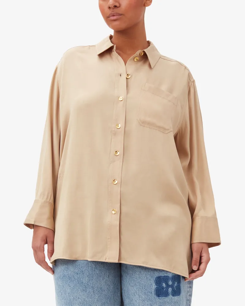 Ganni braun beige Washed Satin Hemd LENZING ECOVERO - Größe Braun