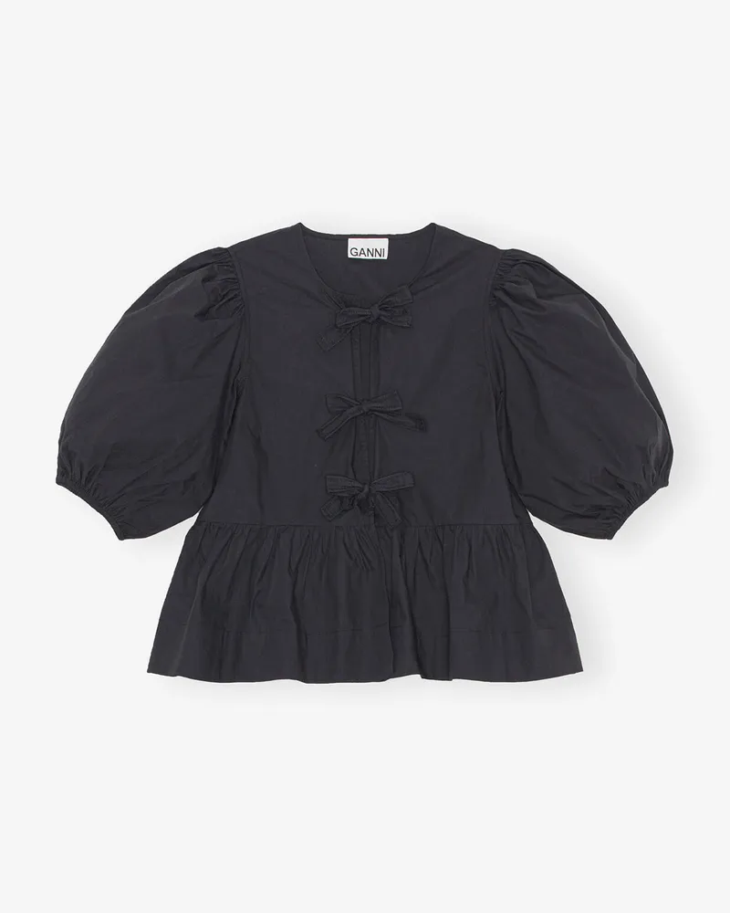 Ganni schwarz Peplum-Bluse aus Baumwollpopeline mit Bindeband Bio-Baumwolle - Größe Schwarz