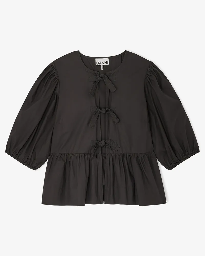 Ganni schwarz Peplum-Bluse aus Baumwollpopeline mit Bindeband Bio-Baumwolle - Größe Schwarz