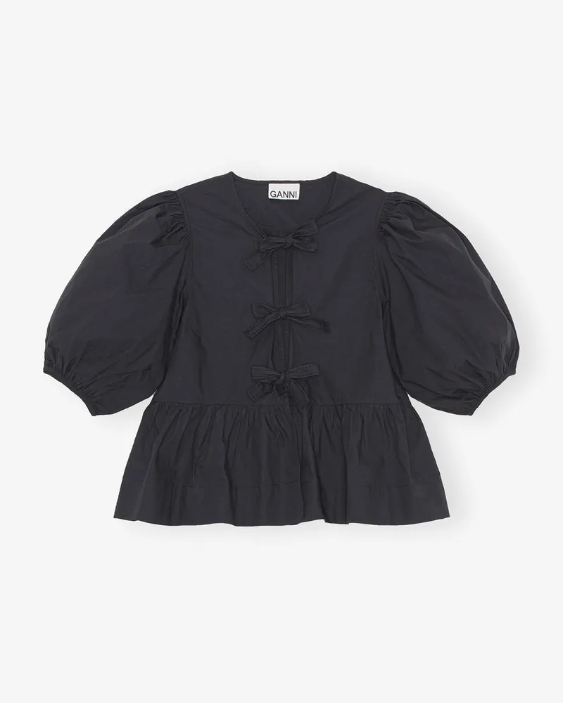 Ganni schwarz Peplum-Bluse aus Baumwollpopeline mit Bindeband Bio-Baumwolle - Größe Schwarz