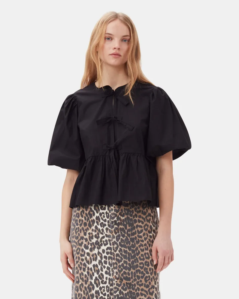 Ganni schwarz Peplum-Bluse aus Baumwollpopeline mit Bindeband Baumwolle - Größe Schwarz