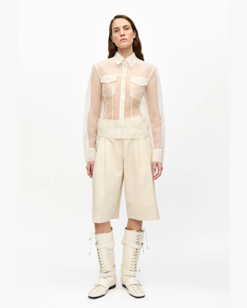 Ganni Angora Cremefarbene taillierte weite Shorts aus Baumwoll-Mix Leinen - Größe Angora