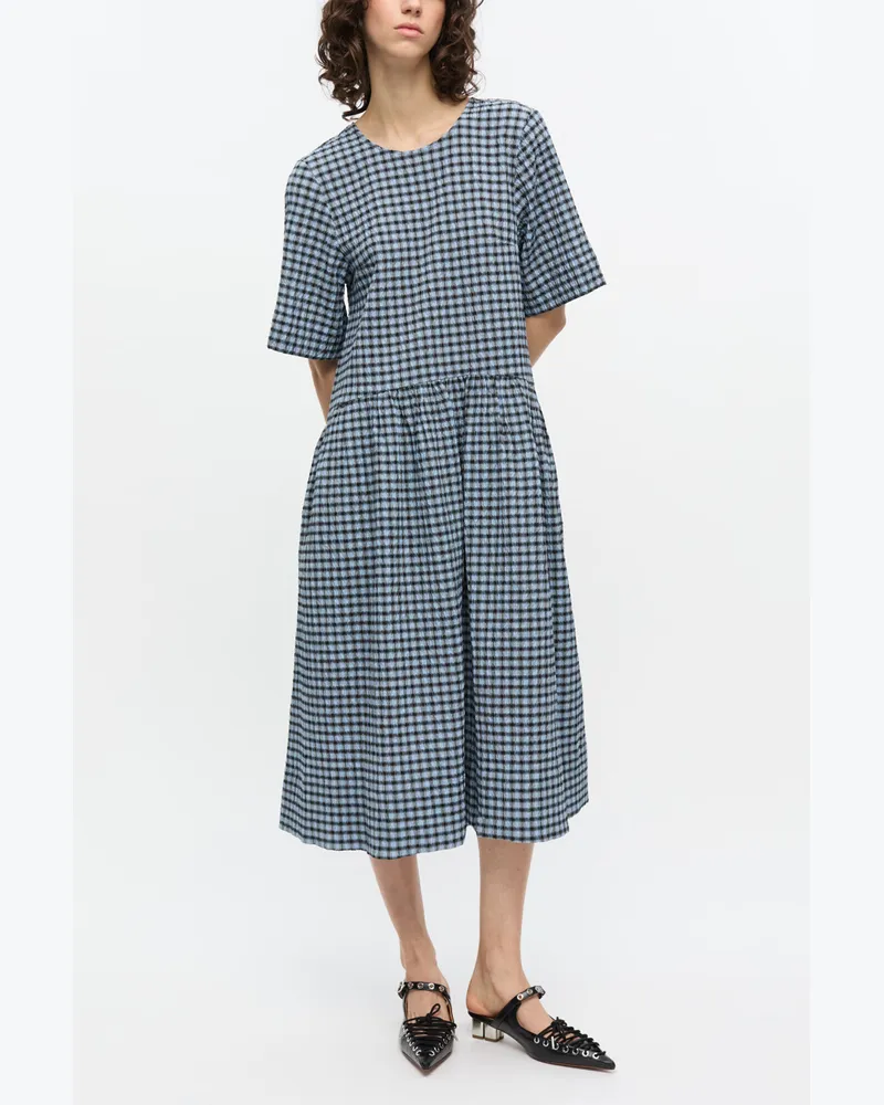 Ganni Blau kariertes Midikleid aus Seersucker Blau