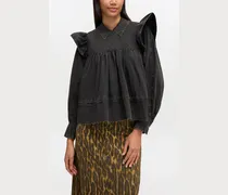 schwarz Schwarze, verwaschene Rüschenbluse Bio-Baumwolle - Größe