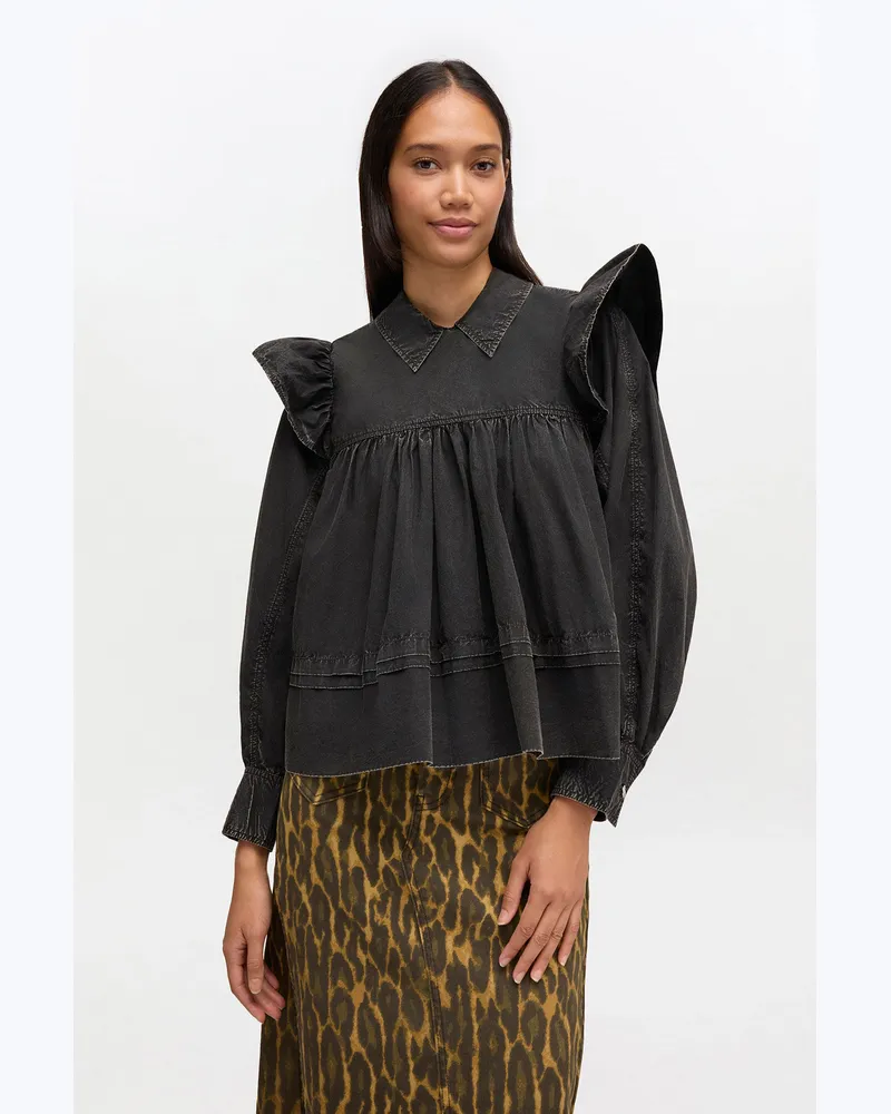Ganni schwarz Schwarze, verwaschene Rüschenbluse Bio-Baumwolle - Größe Schwarz