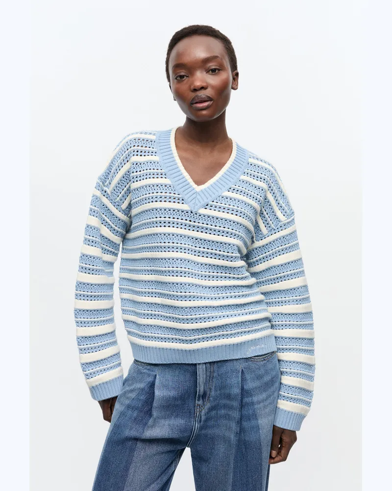 Ganni weiß Blau gestreifter Baumwollpullover mit V-Ausschnitt Baumwolle - Größe Weiß