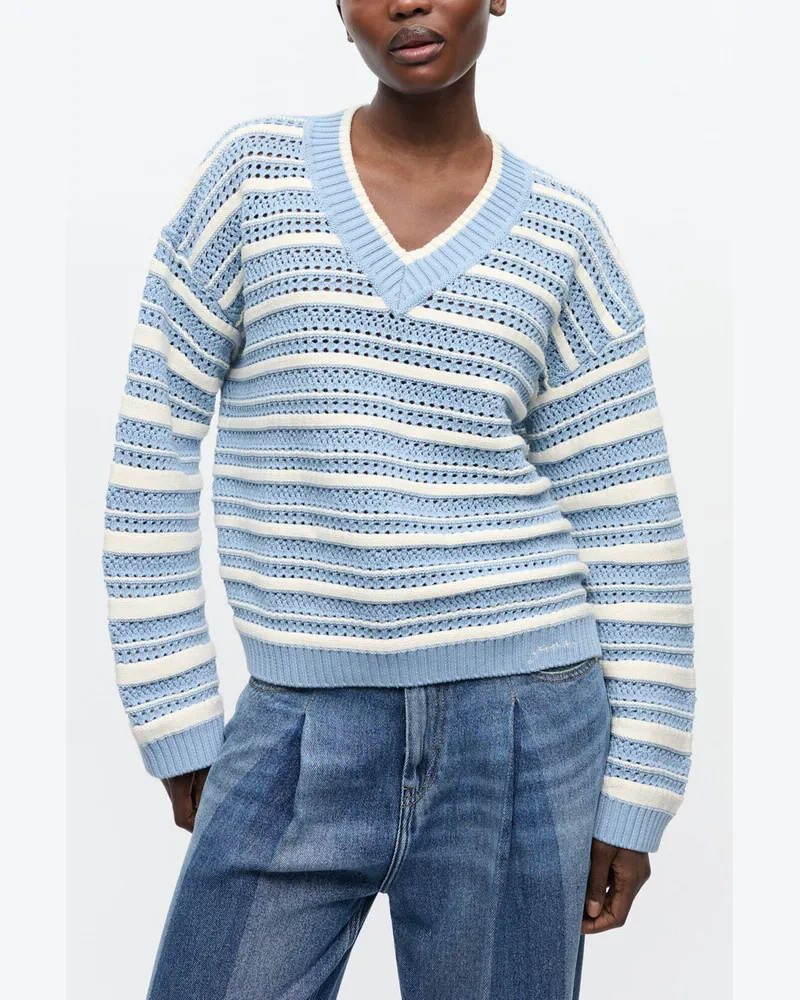 Ganni weiß Blau gestreifter Baumwollpullover mit V-Ausschnitt Bio-Baumwolle - Größe Weiß
