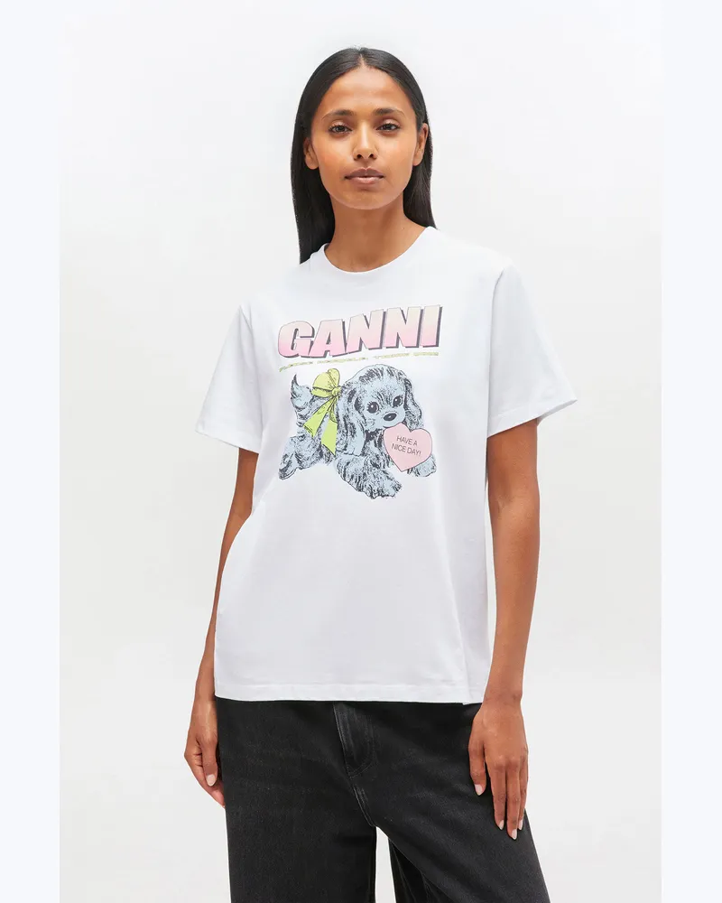 Ganni weiß Weißes T-Shirt mit Welpenprint Baumwolle - Größe Weiß