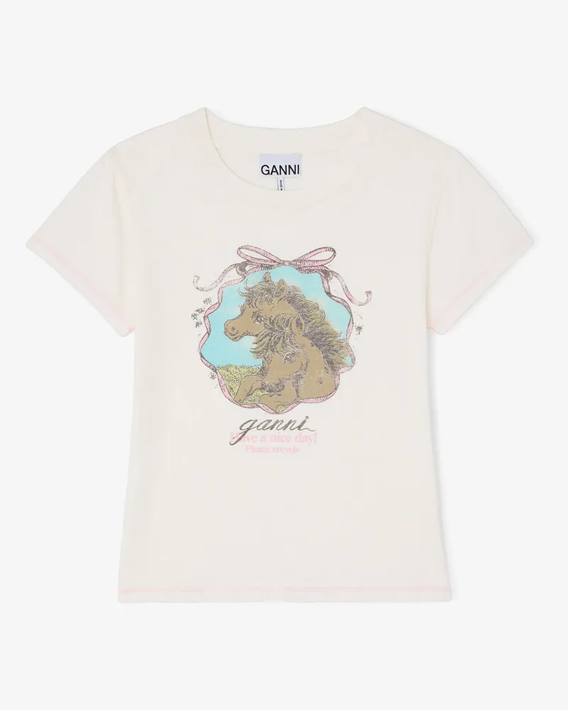 Ganni weiß T-Shirt im Baby Fit mit Pferdemotiv Bio-Baumwolle - Größe Weiß