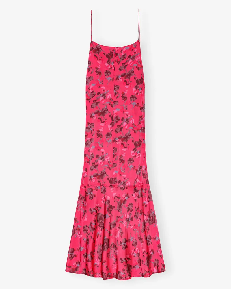 Ganni Raspberry Wine Rosa bedrucktes Satin-Midikleid mit Blumenprint Spandex - Größe Raspberry