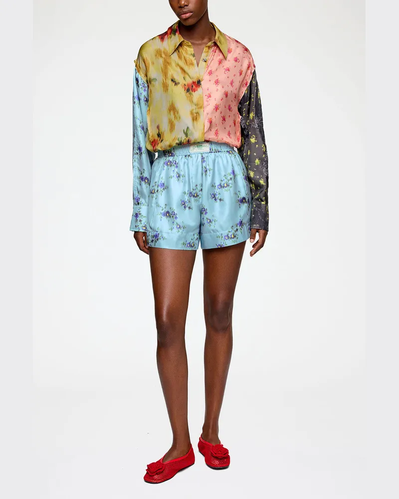 Ganni Iced Aqua Shorts aus bedruckter Seide Bio-Wolle - Größe Iced