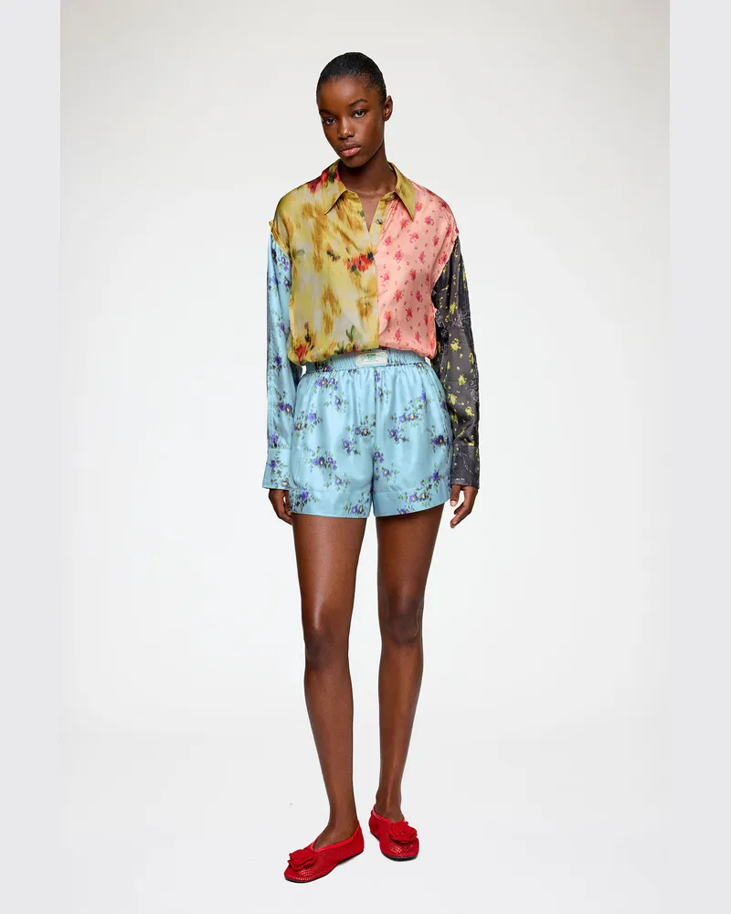 Ganni Iced Aqua Shorts in Printed Silk Bio-Wolle - Größe Iced