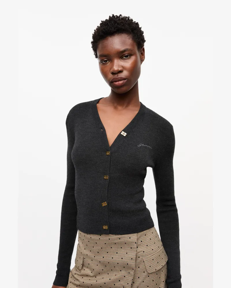 Ganni gemischt Schwarzer Mini-Cardigan aus Merino-Rippstrick Merino Wolle - Größe Gemischt