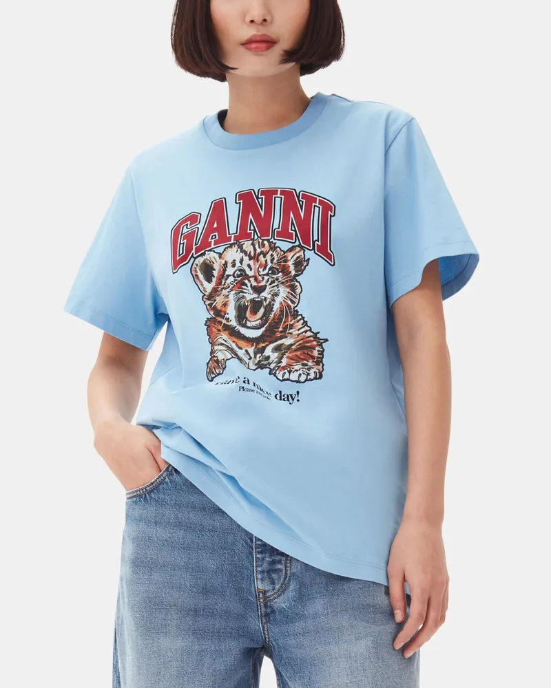 Ganni blau Blaues, lockeres Basic-T-Shirt Tiger aus Jersey Bio-Baumwolle - Größe Blau