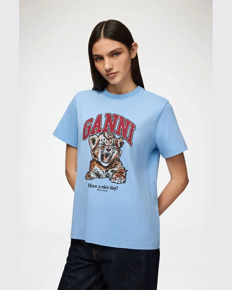 Ganni blau Blaues, lockeres Basic-T-Shirt Tiger aus Jersey Bio-Baumwolle - Größe Blau