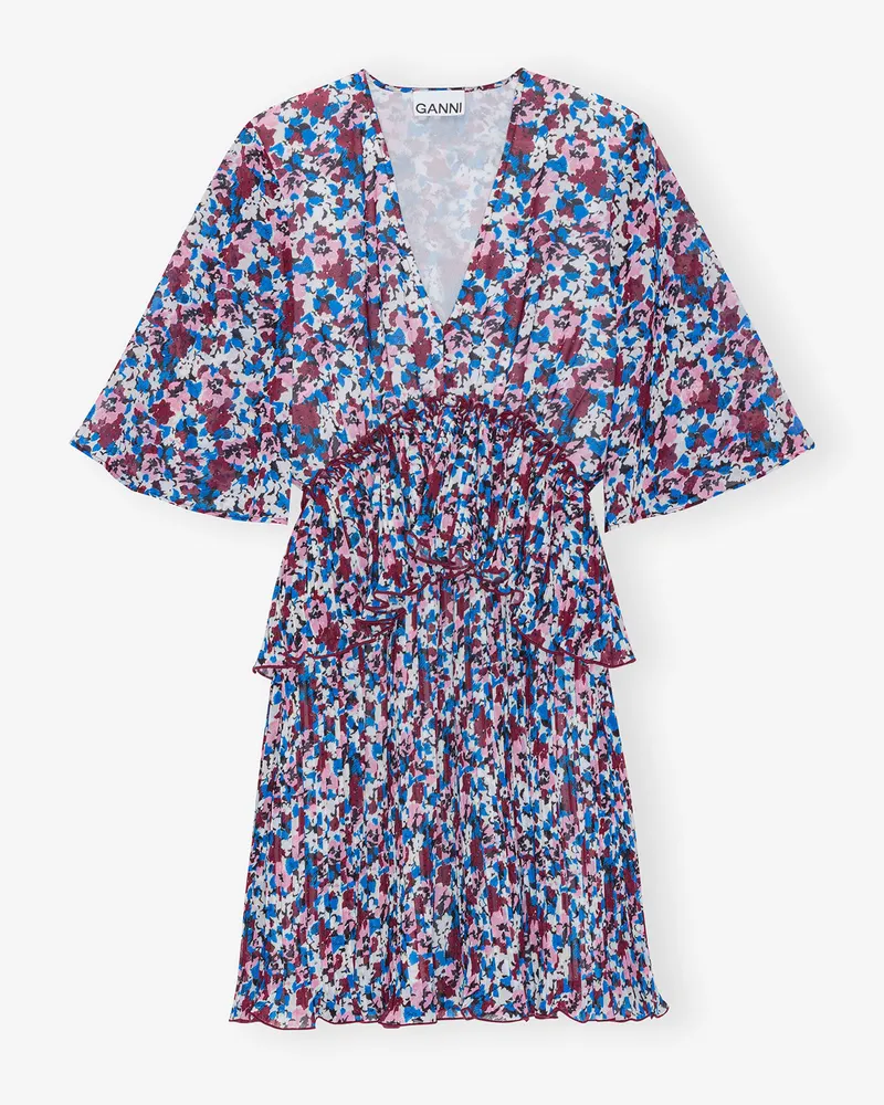 Ganni Plissiertes Minikleid aus mehrfarbigem Georgette mit V-Ausschnitt und Volants - Größe gemischt Gemischt