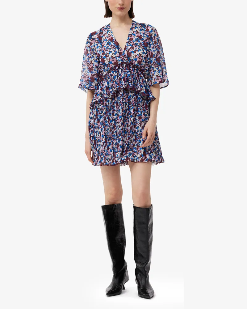 Ganni Plissiertes Minikleid aus mehrfarbigem Georgette mit V-Ausschnitt und Volants - Größe gemischt Gemischt