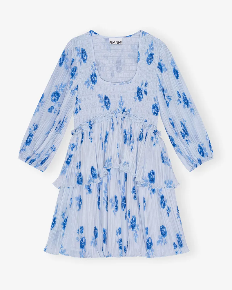 Ganni Plissiertes Georgette-Minikleid in Blau mit Volants, gesmoktem Oberteil und floralem Print - Größe Blau