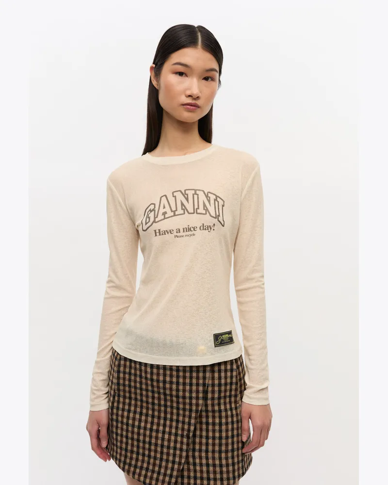 Ganni Bedrucktes Longsleeve aus meliertem Mesh - Größe weiß Weiß