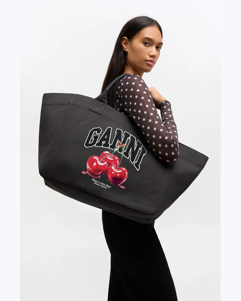 Ganni Schwarze XXL-Tragetasche mit Kirschenmotiv gemischt 