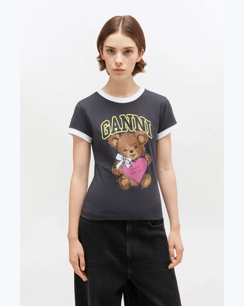Ganni gemischt Schwarzes, kurz geschnittenes Teddy-T-Shirt Baumwolle - Größe Gemischt