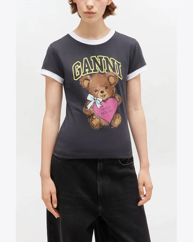 Ganni gemischt Schwarzes, kurz geschnittenes Teddy-T-Shirt Bio-Baumwolle - Größe Gemischt