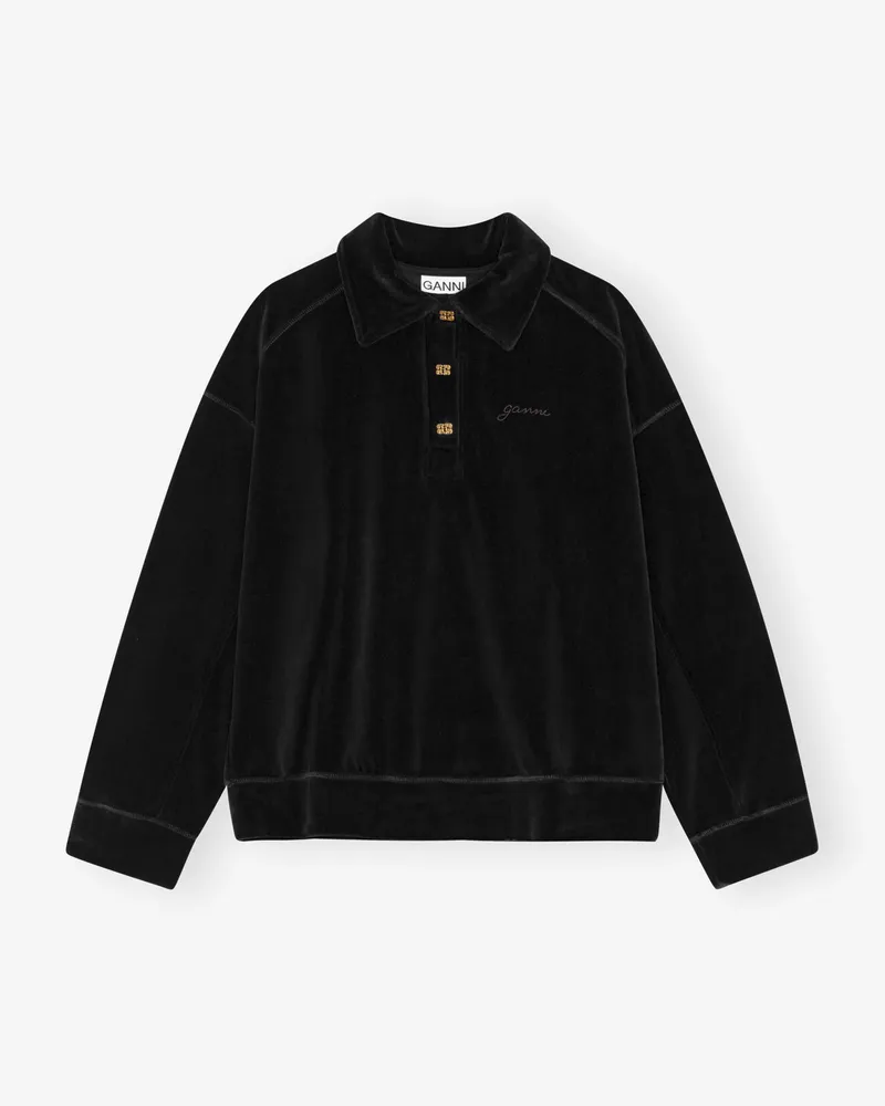 Ganni schwarz Velour Polo Shirt Schwarz