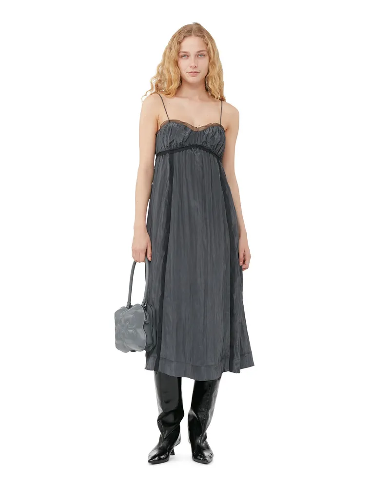 Ganni Graues, glänzendes Tech-Midikleid mit Trägern - Größe Gray Pinstripe Gray