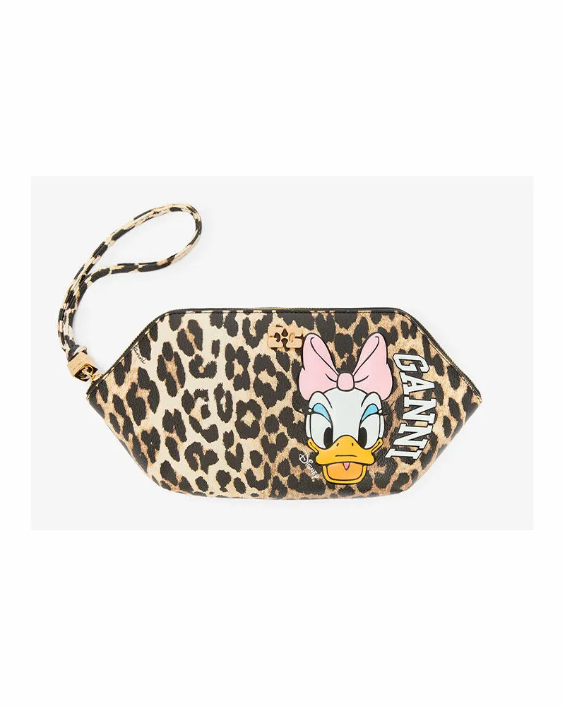 Ganni Schminktasche mit Leopardenmuster und Daisy-Duck-Aufdruck braun 