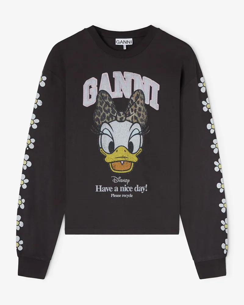 Ganni gemischt Schwarzes Langarm-T-Shirt mit Daisy-Duck-Print Bio-Baumwolle - Größe Gemischt