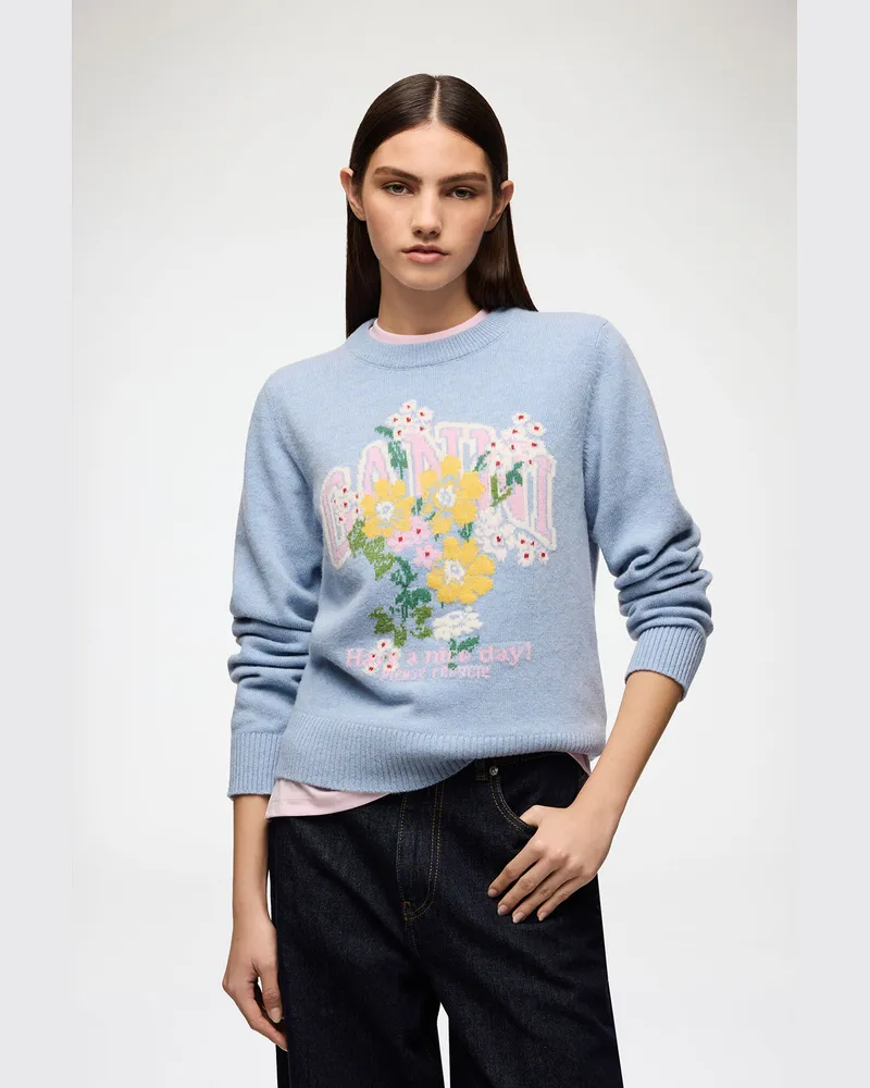 Ganni Pullover mit Blumen blau Bonnet Blau