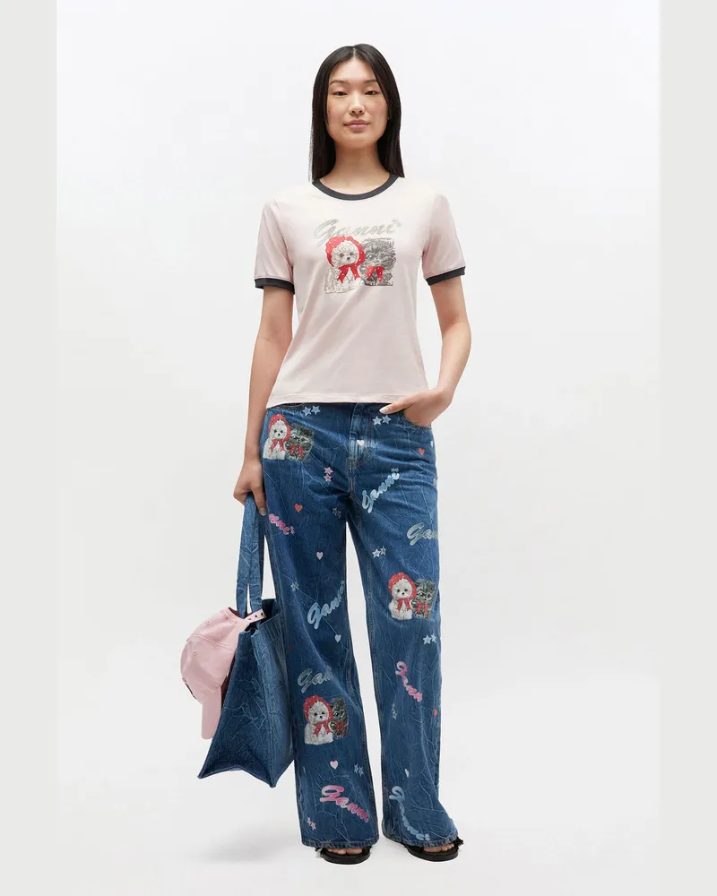 Ganni Primrose rosa Kürzer geschnittenes T-Shirt mit Animal-Print Baumwolle - Größe Primrose
