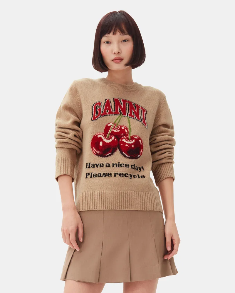 Ganni Camelfarbener Grafikpullover mit Kirschmotiv - Größe Safari Safari